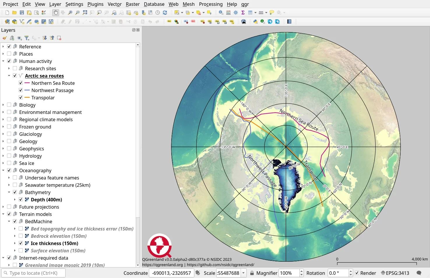QGreenland v3.0 interface showing Arctic sea routes, bathymetry, and various thematic data layers